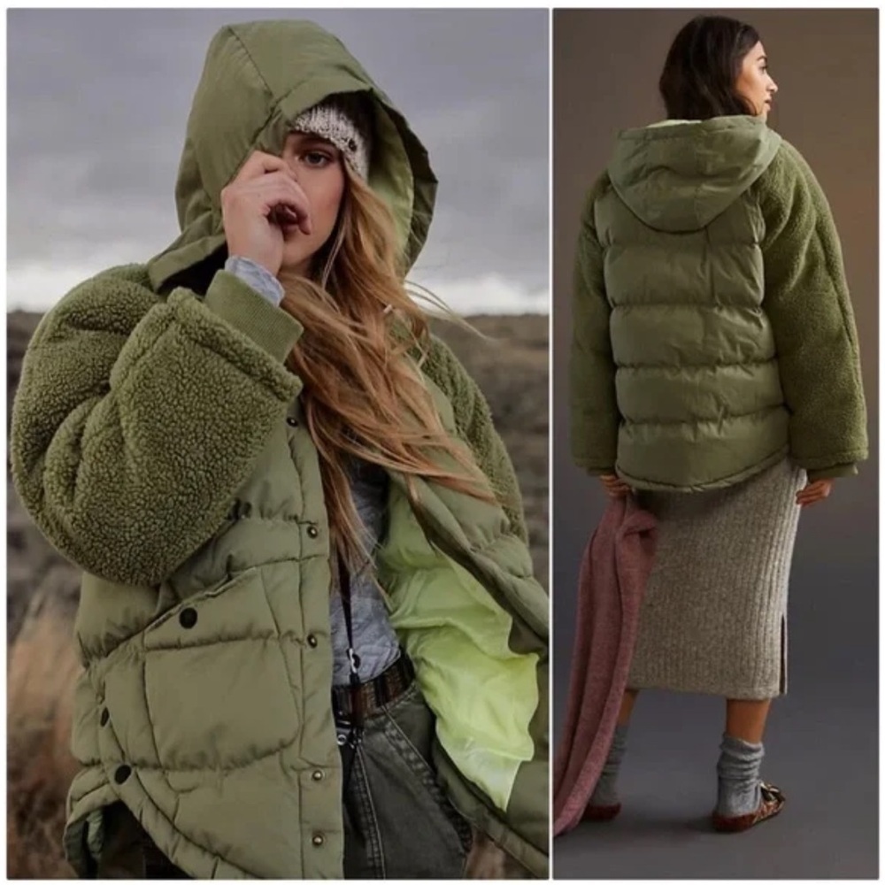 Anthropologie Swing Puffer Olive Green Oversized Teddy Jacket Coat Size Medium